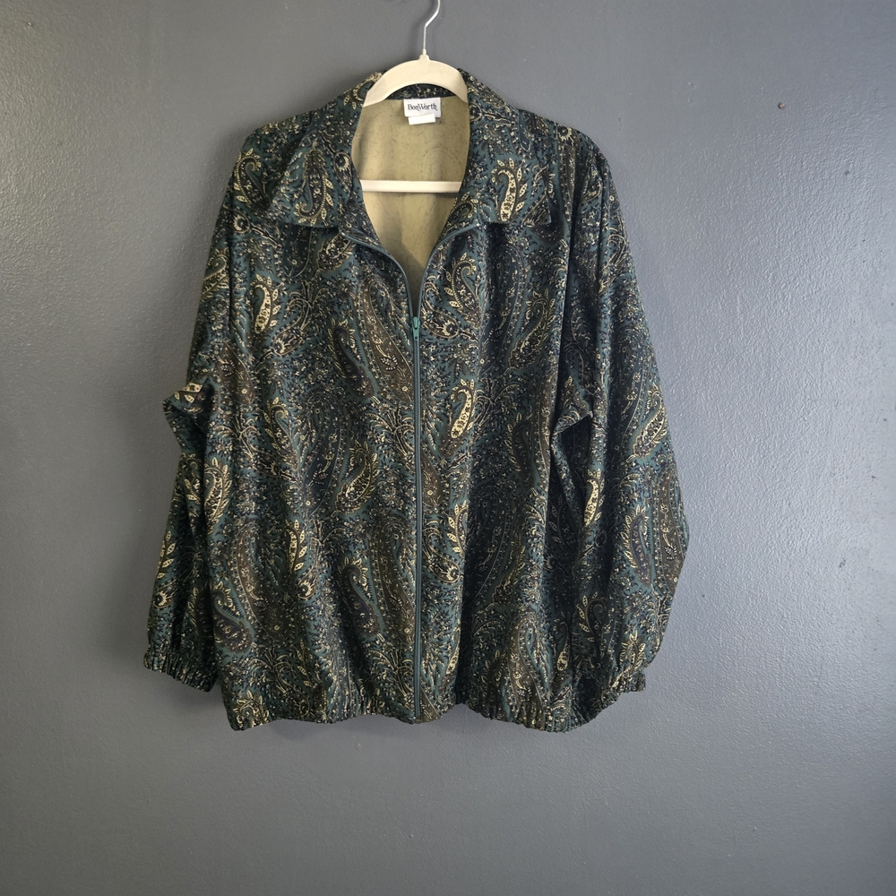 BonWorth Vintage Paisley Grannycore Boho Bomber Jacket in Teal and Gold XL
